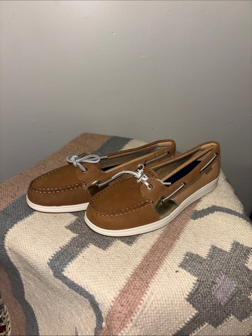 Sperry Brown and White Boat Shoes with Metal Eyelets